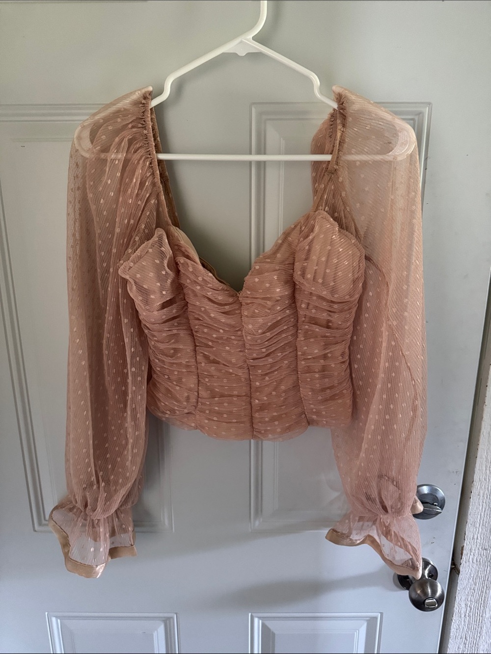 Ruched Sheer Puff-Sleeve Crop Top in Dusty Pink